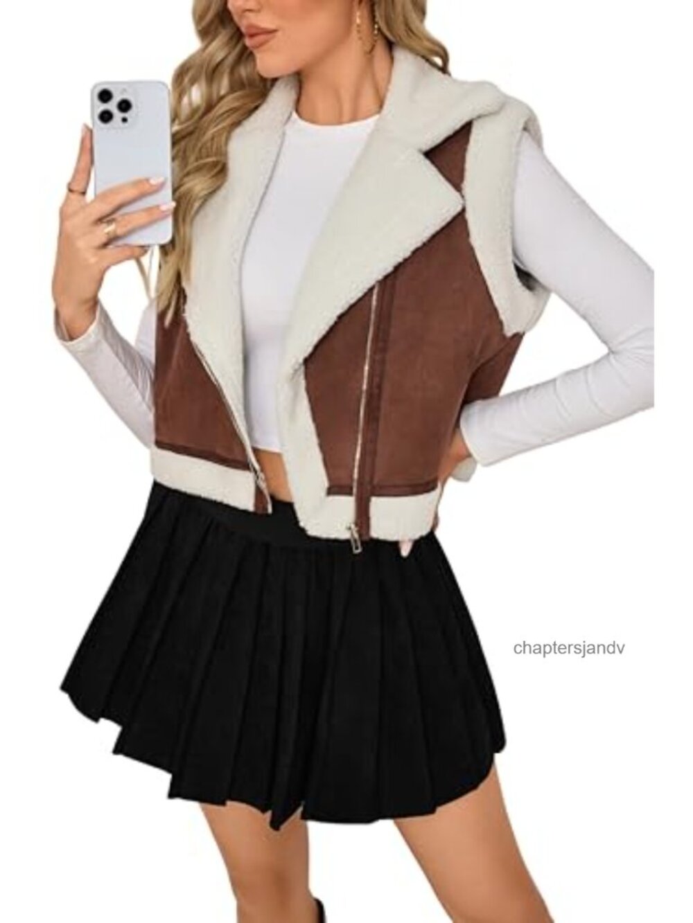 Womens Faux Suede Sherpa Fleece Cropped Zip-Up Vest Moto Sleeveless Coat